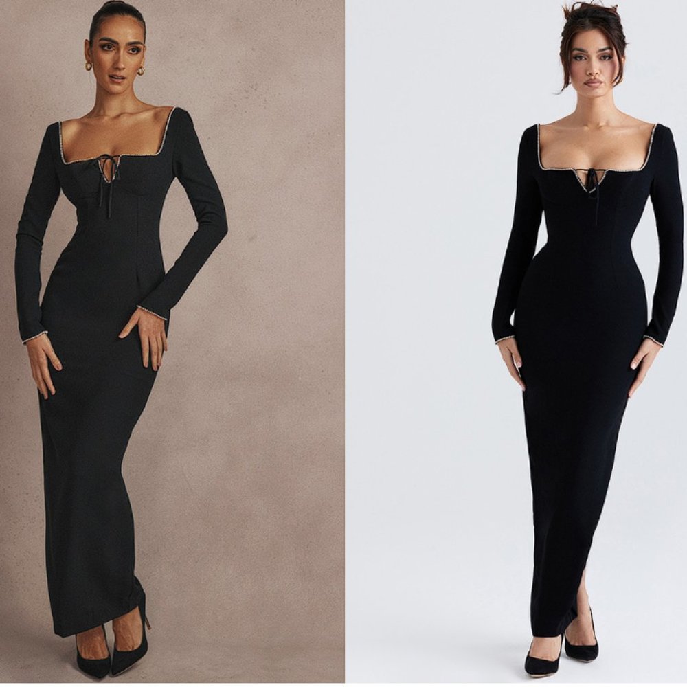 House of CB 'Rosa' Black Crystal Embellished Maxi dress NWT